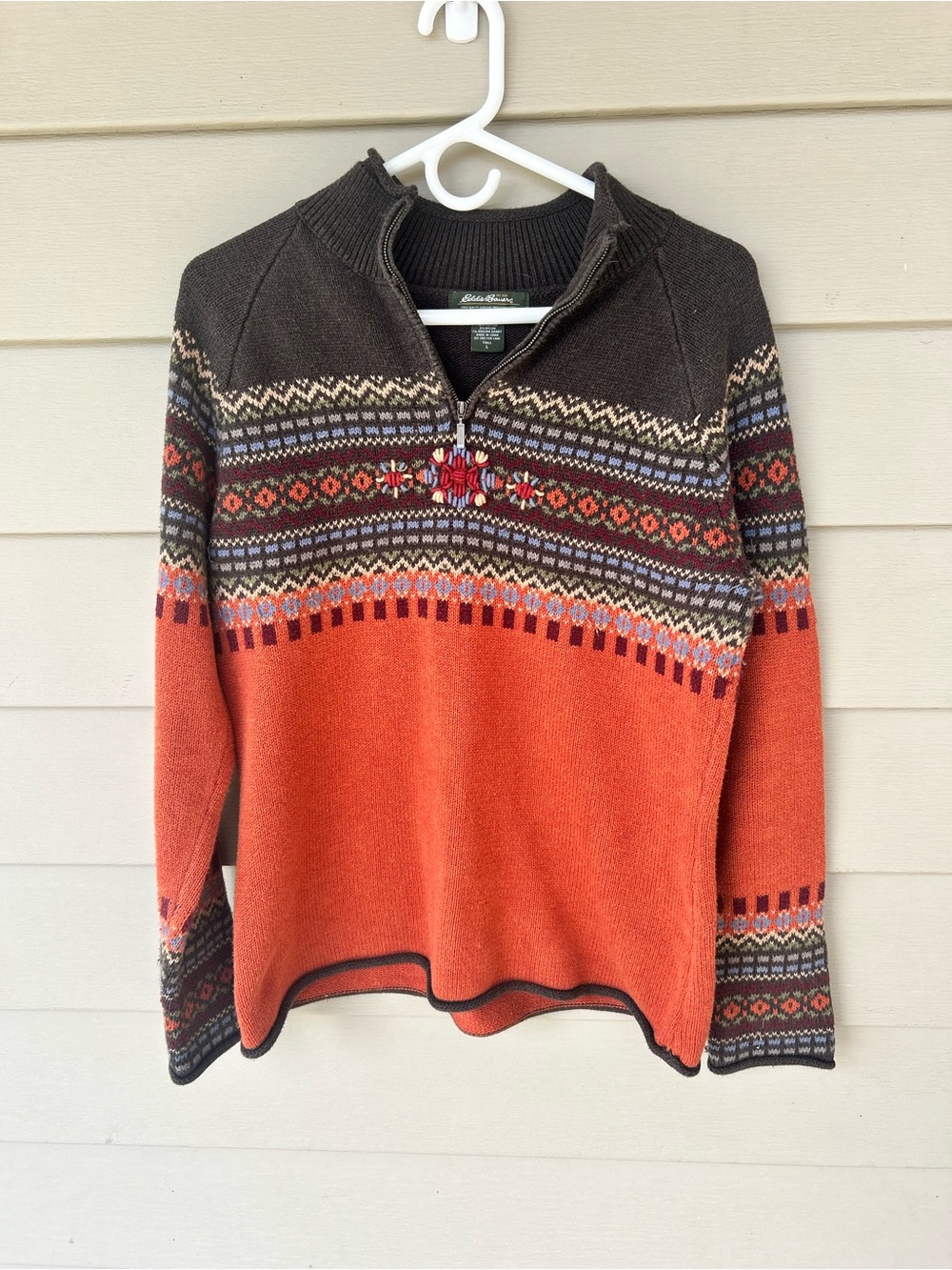 Eddie Bauer Orange and Brown Fair Isle Half-Zip Sweater